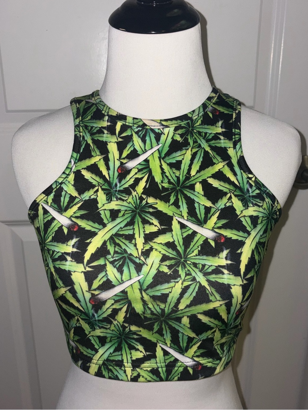 UNIF Green Leaf Weed Print High-Neck Crop Top